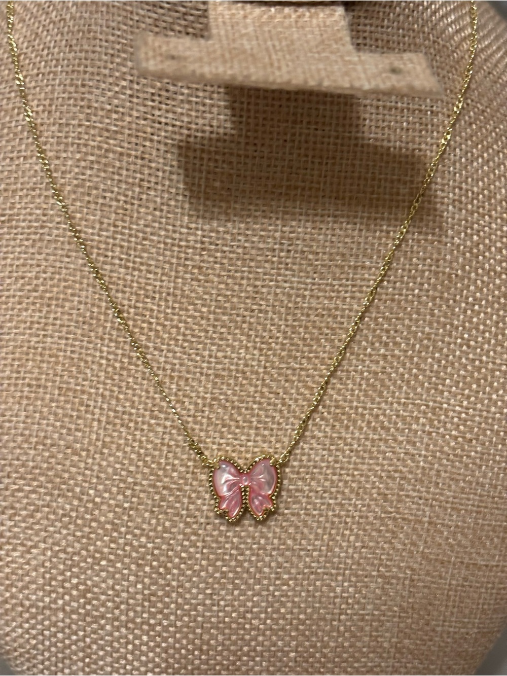 Gold Chain Necklace with Pink Enamel Bow Pendant